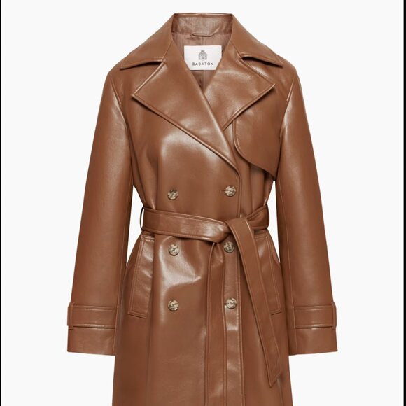 NEW Aritzia Babaton New Tabloid Vegan Leather Trench Coat in Cognac Brown - Picture 6 of 10